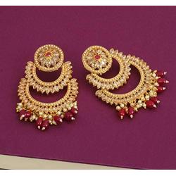 SANARA Indian Bollywood Exclusive Ruby Stone Pearl Trendy & Shiny for Wedding Outfit and Traditional Gatherings Earrings Set Jewelry