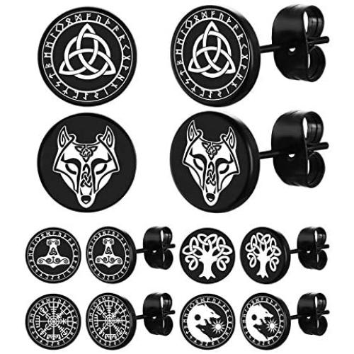 FaithHeart Viking Runes Black Stud Earrings Men Women Studs Set Jewelry 2-12 MM with Brand Packaging 6 Pairs