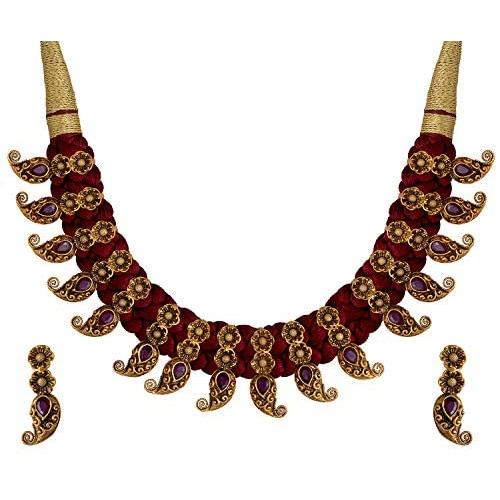 Aheli South Indian Traditional Wedding Laxmi Goddess Design Crafted Choker Necklace Earrings Set Ethnic Fashion Temple Jewelry for Women Girls