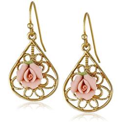 1928 Jewelry Gold-Tone and Pink Porcelain Rose Drop Earrings