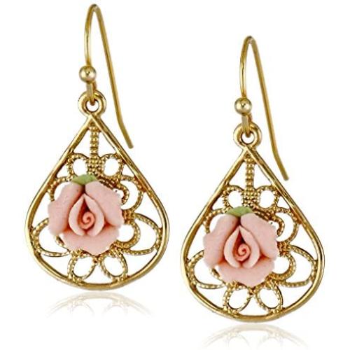 1928 Jewelry Gold-Tone and Pink Porcelain Rose Drop Earrings