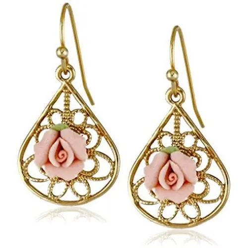 1928 Jewelry Gold-Tone and Pink Porcelain Rose Drop Earrings 1928 Jewelry Gold-Tone and Pink Porcelain Rose Drop Earrings