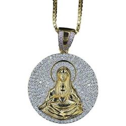KOSMOLING Sparking Iced Out Hip Hop Jewelry Rose Gold Silver 3 Colors Virgin Mary Pendant Necklace for Men and Women, Micro Pave AAA Cubic Zirconia, 24inch Box Chain