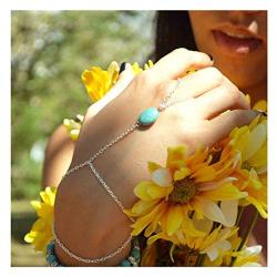 Olbye Silver Finger Ring Bracelet Turquoise Bracelet Charm Hand Chain Bracelet Everyday Jewelry for Women and Teen Girls