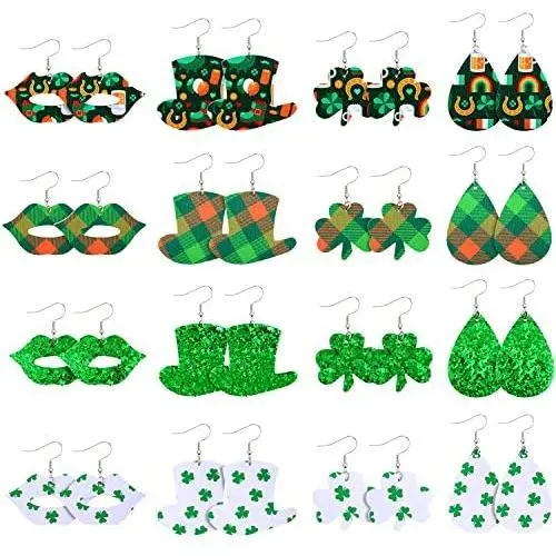 16 Pairs St. Patricks Day Leather Earrings Irish Shamrock Dangle Earrings Green Good Luck Clover Earrings 16 Pairs St. Patricks Day Leather Earrings Irish Shamrock Dangle Earrings Green Good Luck Clover Earrings