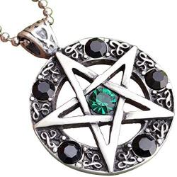 Wicca Jewelry Celtic Pentagram Pentacle Star Green-Black Crystal Gem Wiccan Pagan Witch Magic Healing Protection Amulet Pewter Mens Womens Pendant Necklace Charm for Men Women Silver Ball Chain