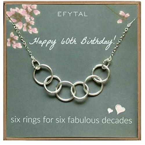 EFYTAL Happy 60th Birthday Gifts for Women Necklace, Sterling Silver 6 rings six Decades Necklaces Gift Ideas
