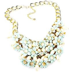 Uniklook Chunky Statement Mint Green Flowers Beads Gold Chain Women Necklace Earrings Set Fashion Jewelry