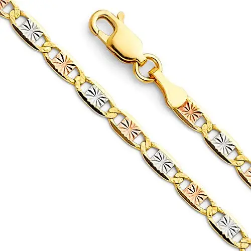 14k REAL Tri Color Gold Solid 3mm Star Diamond Cut Chain Bracelet with Lobster Claw Clasp - 7.5''
