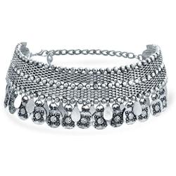 Bling Jewelry Native American Style Coachella Festival Dangling Coins Wide Choker Necklace for Teen for Women Oxidized Silver Plated