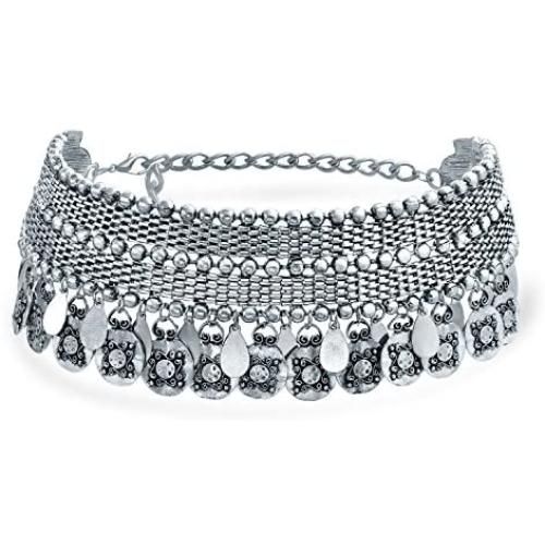 Bling Jewelry Native American Style Coachella Festival Dangling Coins Wide Choker Necklace for Teen for Women Oxidized Silver Plated