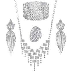 LOYALLOOK Crystal Rhinestones and Cubic Zircon Necklace, Teardrop Crystal Tassels Dangle Earrings,8 Strand Rhinestone Stretch Bracelet,Stretch Ring Jewelry Set for Wedding,Bridesmaids