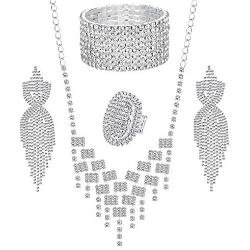 LOYALLOOK Crystal Rhinestones and Cubic Zircon Necklace, Teardrop Crystal Tassels Dangle Earrings,8 Strand Rhinestone Stretch Bracelet,Stretch Ring Jewelry Set for Wedding,Bridesmaids