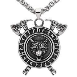 GuoShuang Men Viking Stainless Steel Wolf Axe Rune Helm of Awe Wolf Necklace