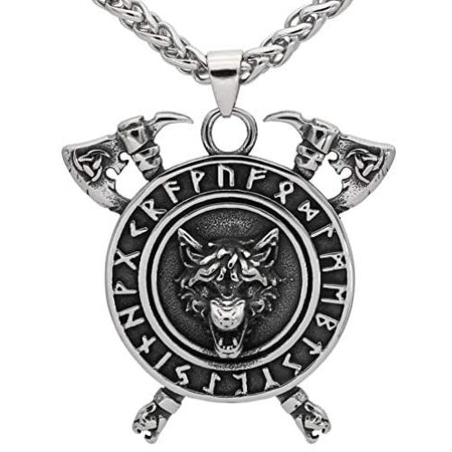 GuoShuang Men Viking Stainless Steel Wolf Axe Rune Helm of Awe Wolf Necklace