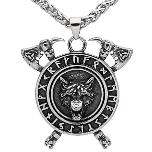 GuoShuang Men Viking Stainless Steel Wolf Axe Rune Helm of Awe Wolf Necklace
