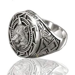 Slavic Wolf Ring for Men, Norse Viking Nordic Wolf Head Ring, Retro Wolf Totem Rings, Wolf Signet Rings, Amulet Ring, Animal Wolf Jewelry for Men Boys