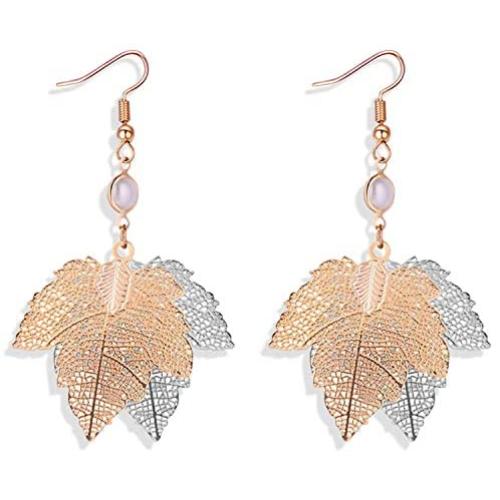 ZRosse Fashion Hollow Out Metal Maple Leaf Women Dangle Earrings Popular Gold and Silver Two-tone Long Drop Earring Jewelry Accessories