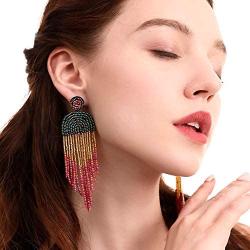 Christmas Gifts ALLEN DANMI Jewelry Dangle Earrings Ethnic Bohemia Style Handmade Colorized Seed Beads Waterfall Shape Statement Drop Earrings Shining Luxury Gift for Women. (Green)