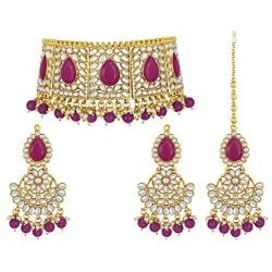 Aheli Faux Pearl Choker Necklace with Earrings Indian Traditional Bollywood Jewelry Set for Women Girls