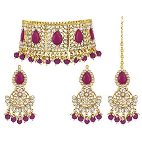 Aheli Faux Pearl Choker Necklace with Earrings Indian Traditional Bollywood Jewelry Set for Women Girls