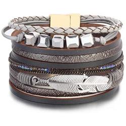 FANCY SHINY Boho Leather Wrap Bracelet Crystal Leaf Cuff Bracelets Bohemian Jewelry with Magnetic Clasp,7.5''