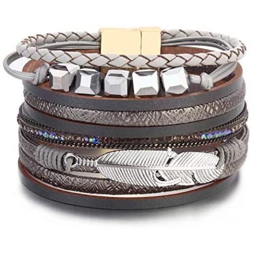 FANCY SHINY Boho Leather Wrap Bracelet Crystal Leaf Cuff Bracelets Bohemian Jewelry with Magnetic Clasp,7.5''