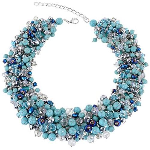 HAHA&TOTO Luxury Full Crystal Beaded Necklace for Women 2-Layers Knitting Fashion Statement Choker Necklace by Handmade Party Prom Jewelry 7 Colors