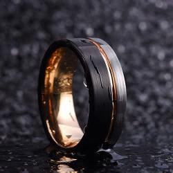 King Will LOOP Tungsten Carbide Wedding Band 6mm/8mm Rose Gold Line Ring Black and Silver Brushed Comfort Fit