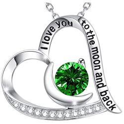 May Birthstone Emerald Jewelry Mothers Day Necklace for Birthday Gifts I Love You to the Moon and Back Love Heart Pendant Sterling Silver Necklace