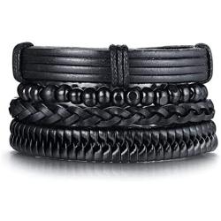 LKYOU JEWELRY Black Leather Bracelet Set for Men Cuff Multilayer Braided Bracelet Handmade Jewelry
