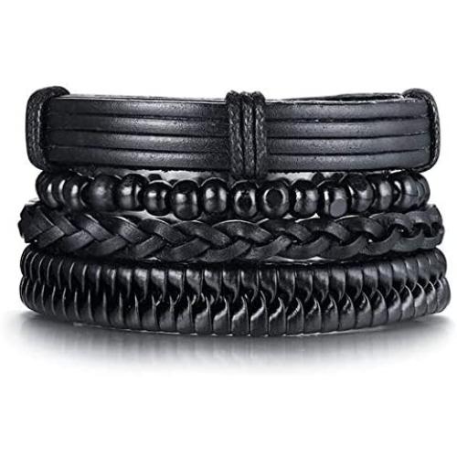 LKYOU JEWELRY Black Leather Bracelet Set for Men Cuff Multilayer Braided Bracelet Handmade Jewelry