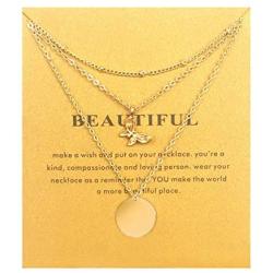 3 Layered Necklaces, Butterfly Necklace Unicorn Cross Compass Pendant Necklace for Women Disc Chain Necklace with Message Card for Friendship (Gold)