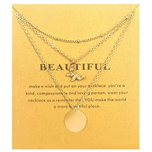 3 Layered Necklaces, Butterfly Necklace Unicorn Cross Compass Pendant Necklace for Women Disc Chain Necklace with Message Card for Friendship (Gold)