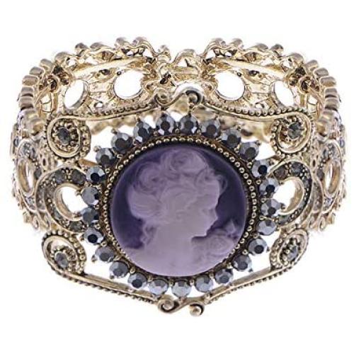 Alilang Womens Antique Golden Tone Purple Victorian Cameo Lady Bangle Bracelet