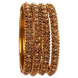 Touchstone New Indian Bollywood Fine Workmanship Peeled Metal White Rhinestones Designer Jewelry Bracelets Bangle Set of 4 in Antique Gold Tone for Women.