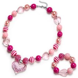 vcmart Girls Gilitter Heart Chunky Bubblegum Bead Necklace & Bracelet Set Fashion Jewelry Pendant with Gift Box