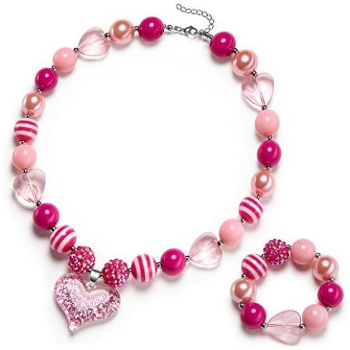 vcmart Girls Gilitter Heart Chunky Bubblegum Bead Necklace & Bracelet Set Fashion Jewelry Pendant with Gift Box