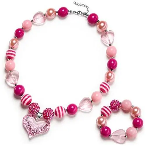 vcmart Girls Gilitter Heart Chunky Bubblegum Bead Necklace & Bracelet Set Fashion Jewelry Pendant with Gift Box vcmart Girls Gilitter Heart Chunky Bubblegum Bead Necklace & Bracelet Set Fashion Jewelry Pendant with Gift Box