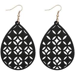 KaFu Bohemian Wooden Hollow African Earrings for Women Girls Natural Light Weight Wood Teardrop Drop Dangle Hook Earrings for Women Fashion Jewelry