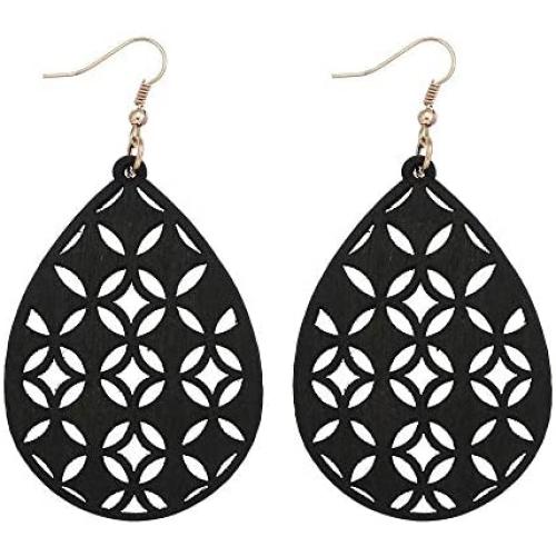 KaFu Bohemian Wooden Hollow African Earrings for Women Girls Natural Light Weight Wood Teardrop Drop Dangle Hook Earrings for Women Fashion Jewelry