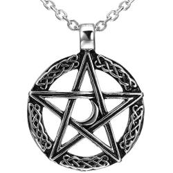 Vintage Style Pentacle Pentagram Crescent Moon Stainless Steel Pendant Necklace for Men (21-inch chain)
