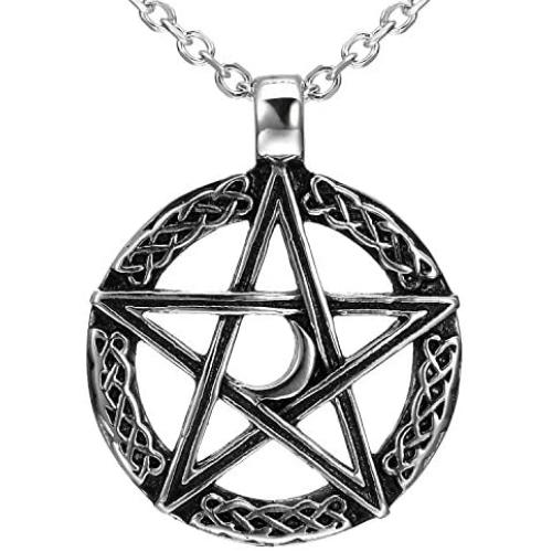 Vintage Style Pentacle Pentagram Crescent Moon Stainless Steel Pendant Necklace for Men (21-inch chain)