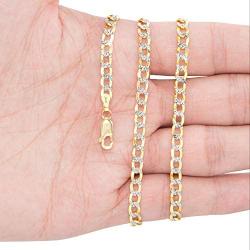 Nuragold 10k Yellow Gold 4.5mm Cuban Chain Curb Link Diamond Cut Pave Two Tone Pendant Necklace, Mens Womens Lobster Lock 16'' 18'' 20'' 22'' 24'' 26'' 28'' 30''