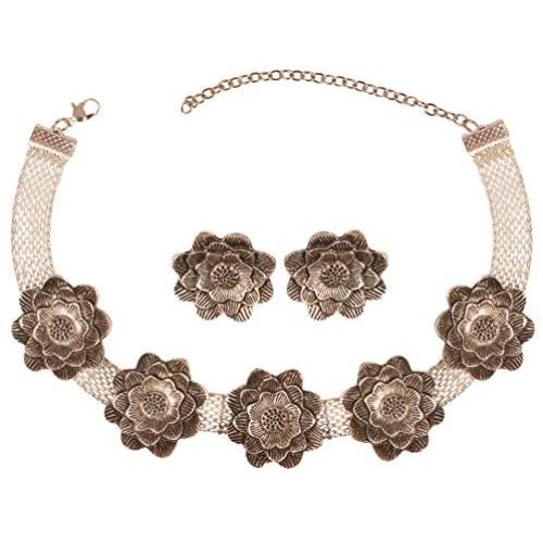 Touchstone Indian Bollywood Tribal Boho Gypsy Oxidized Jewelry Beautiful Hand Cut Motifs Designer Jewelry Necklace Set in Oxidized Silver Tone for Women.