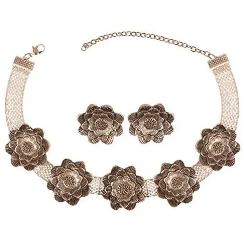 Touchstone Indian Bollywood Tribal Boho Gypsy Oxidized Jewelry Beautiful Hand Cut Motifs Designer Jewelry Necklace Set in Oxidized Silver Tone for Women.