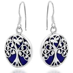 Tree of Life with Simulated Blue Lapis-Lazuli Accents .925 Sterling Silver Dangle Earrings