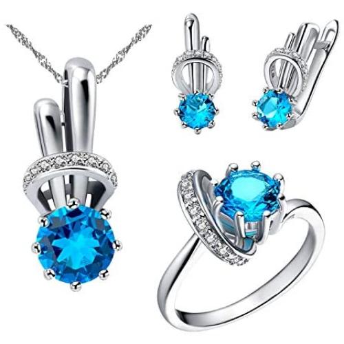 Uloveido Cute Rabbit Shape Pendant Necklace Round AAA Cubic Zirconia Clip On Earrings and Animal Ring Crystal Wedding Engagement Jewelry Set for Women Girls Gift T225