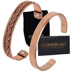 Copper Bracelets for Arthritis - for Men and Women 100% Copper with 6 Powerful Magnets - Effective and Natural Relief for Joint Pain and Arthritis Set of 2 (Plain and Braided Inlay)