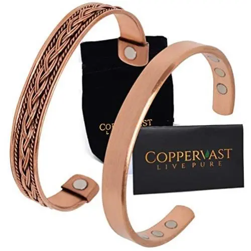 Copper Bracelets for Arthritis - for Men and Women 100% Copper with 6 Powerful Magnets - Effective and Natural Relief for Joint Pain and Arthritis Set of 2 (Plain and Braided Inlay)